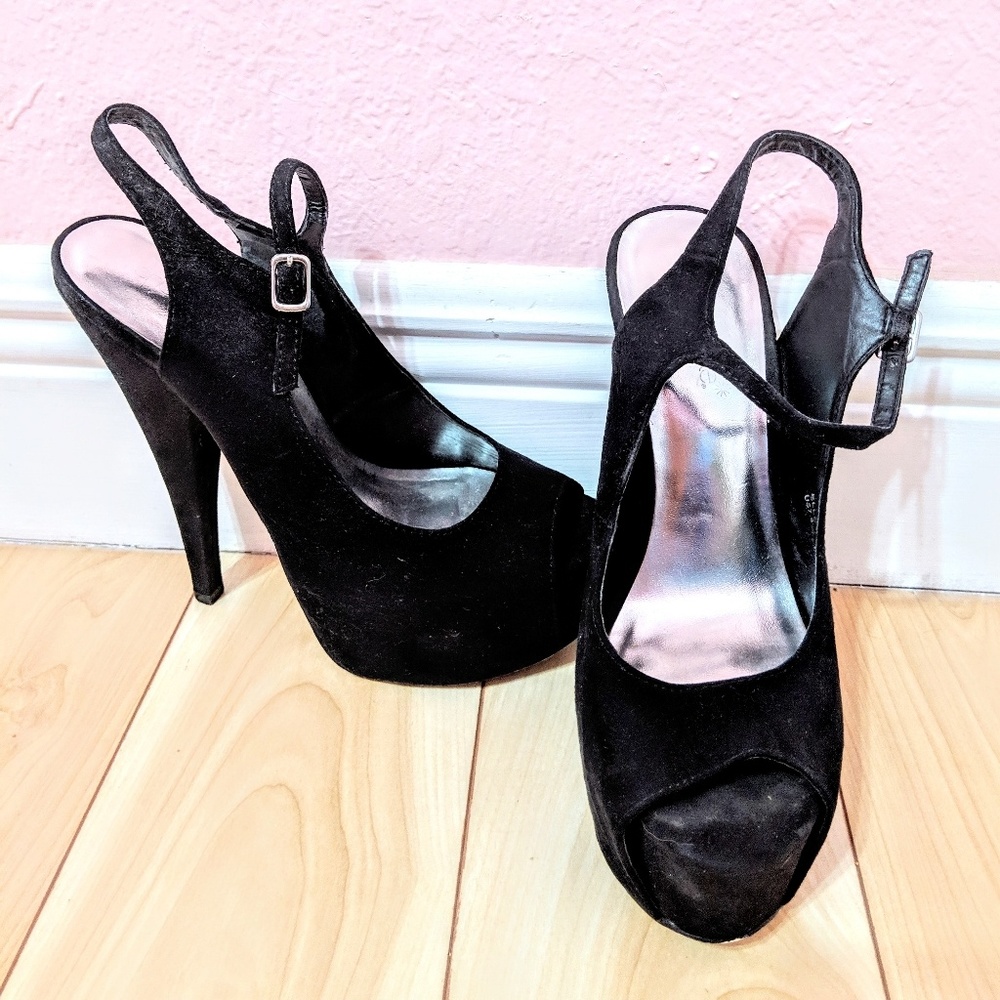 ShoeDazzle Black Microsuade Stiletto Heels (size 7